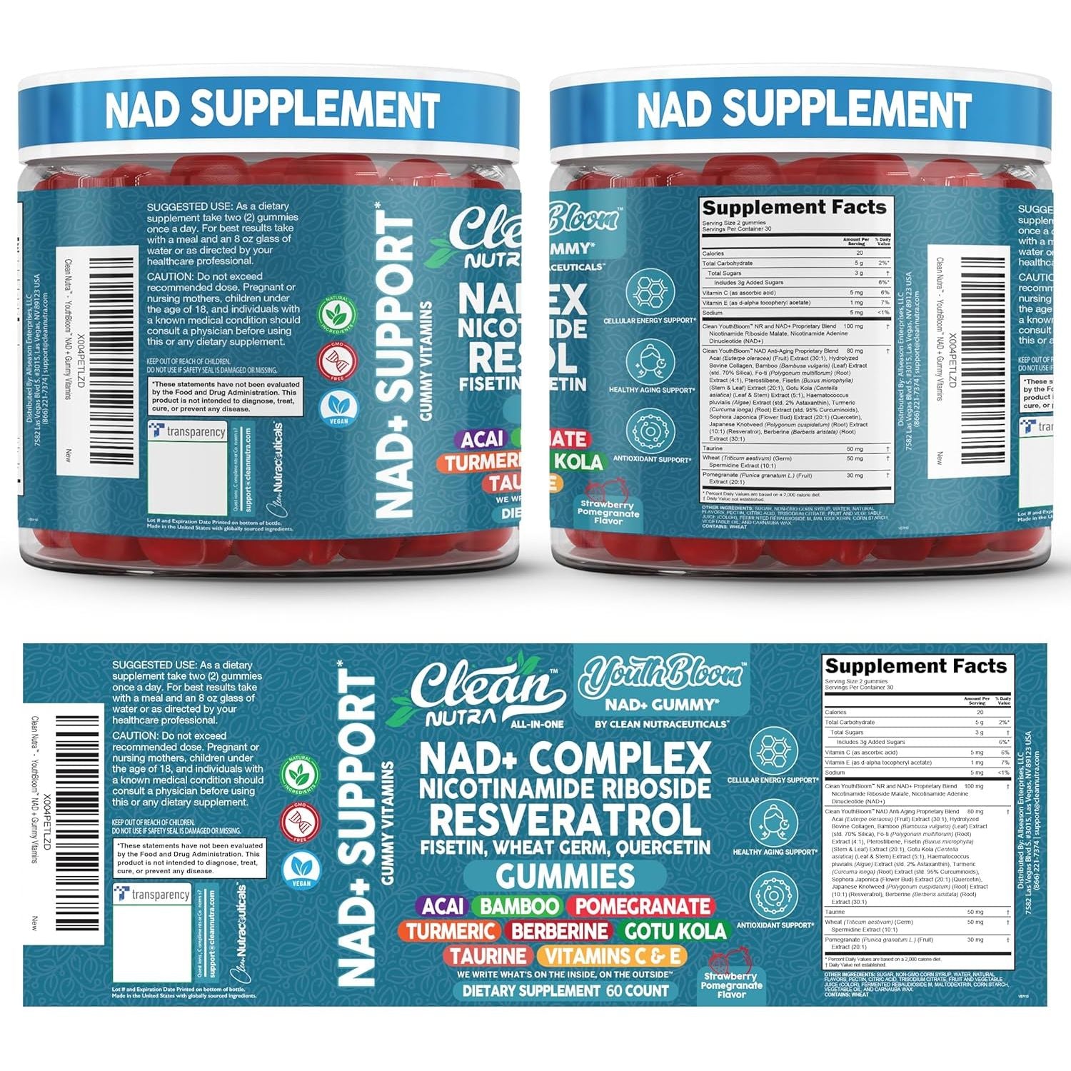 Youth Bloom NAD+ Supplement Gummies Resveratrol Fisetin Wheat Germ Berberine Taurine Turmeric Collagen Astaxanthin Nicotinamide Gotu Kola Pomegranate Vitamin C & E 60 Ct by Clean Nutra