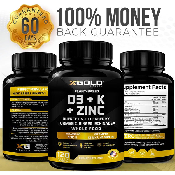 X Gold Health Plant-Based D3 + K + Zinc – 120 Capsules | 8-in-1 Immune, Bone & Heart Support
