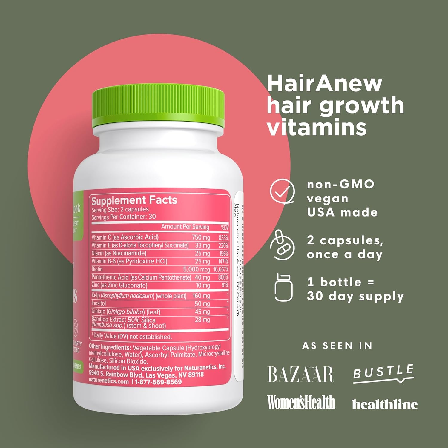 Naturenetics Hairanew Hair Vitamins – 60 Capsules | Award-Winning Biotin Formula for Stronger, Fuller Hair