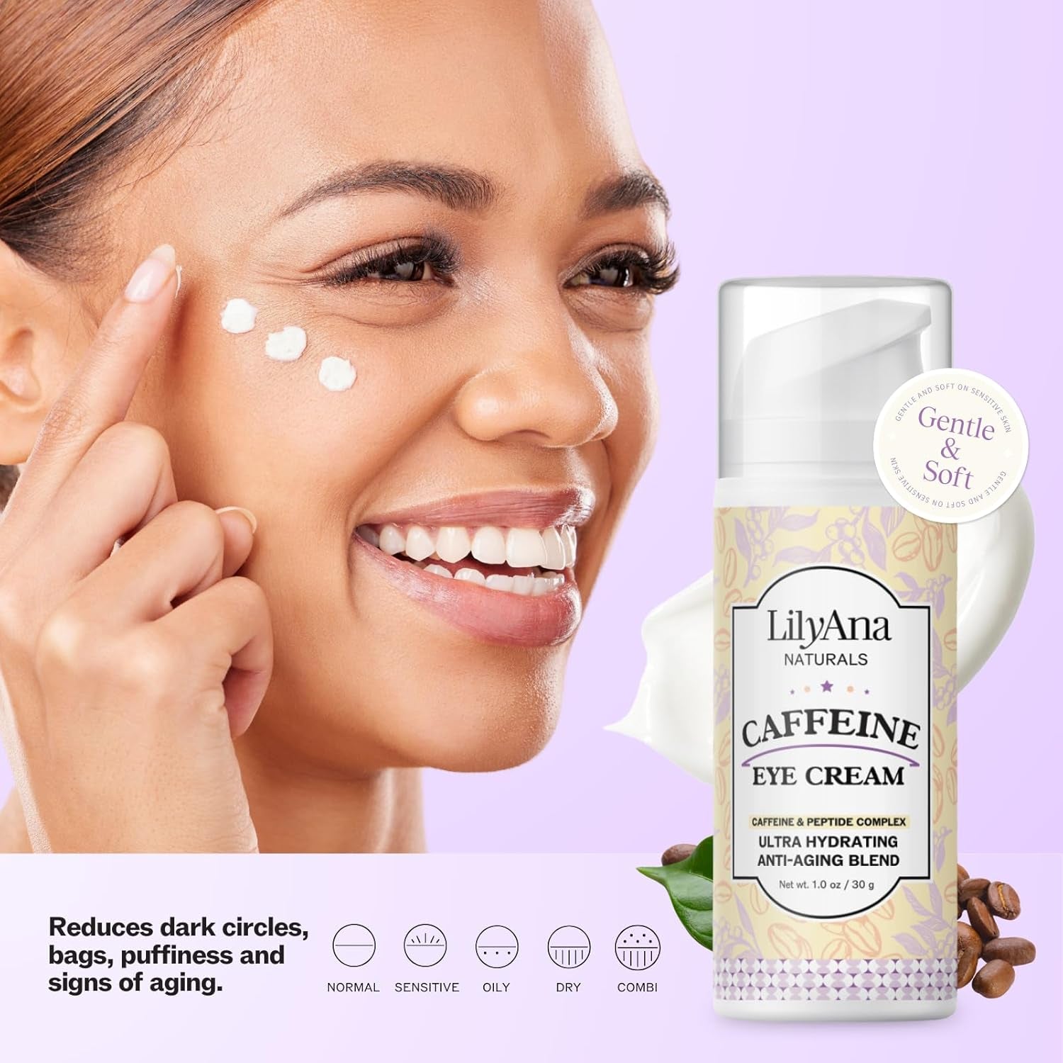LilyAna Naturals Plumping And Hydrating Caffeine Eye Cream – 30g | Brightens, Depuffs & Firms Tired Eyes