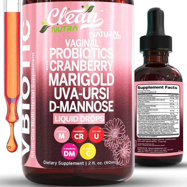 Clean Nutraceuticals Vaginal Probiotic Drops – 60ml | D-Mannose, Cranberry, Uva Ursi & Black Cohosh for Urinary, Vaginal & Hormonal Health