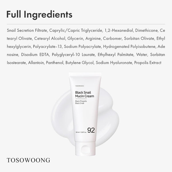 Black Snail Mucin 92% Face Cream, 920,768Ppm Black Snail Mucin, Propolis, Lightweight Moisturing Cream for Soft, Glowy Skin, Moisturizer Face Cream, Korean Skin Care, 100Ml, 3.38 Fl.Oz.