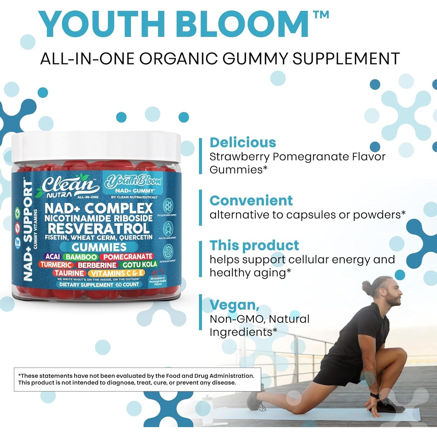 Youth Bloom NAD+ Supplement Gummies Resveratrol Fisetin Wheat Germ Berberine Taurine Turmeric Collagen Astaxanthin Nicotinamide Gotu Kola Pomegranate Vitamin C & E 60 Ct by Clean Nutra