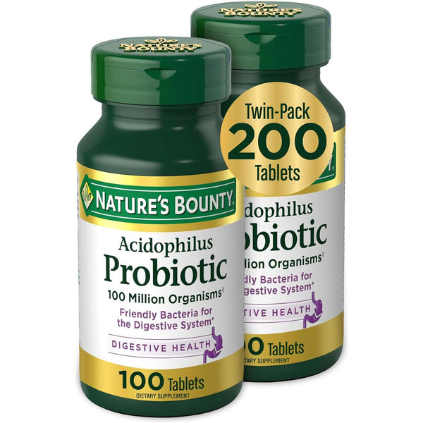 Nature’s Bounty Acidophilus Probiotic, Unflavored – 200 Tablets (2 Packs) | Daily Digestive & Immune Support