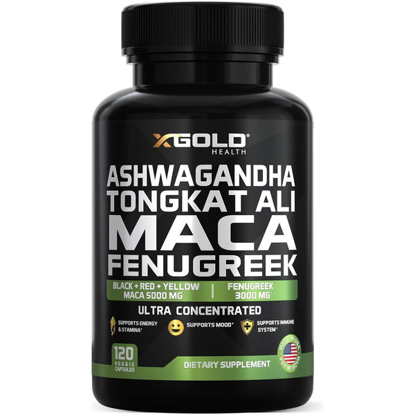 X Gold Health Ashwagandha Tongkat Ali Maca Fenugreek – 120 Capsules | Ultra-Potent Energy, Focus & Hormone Support