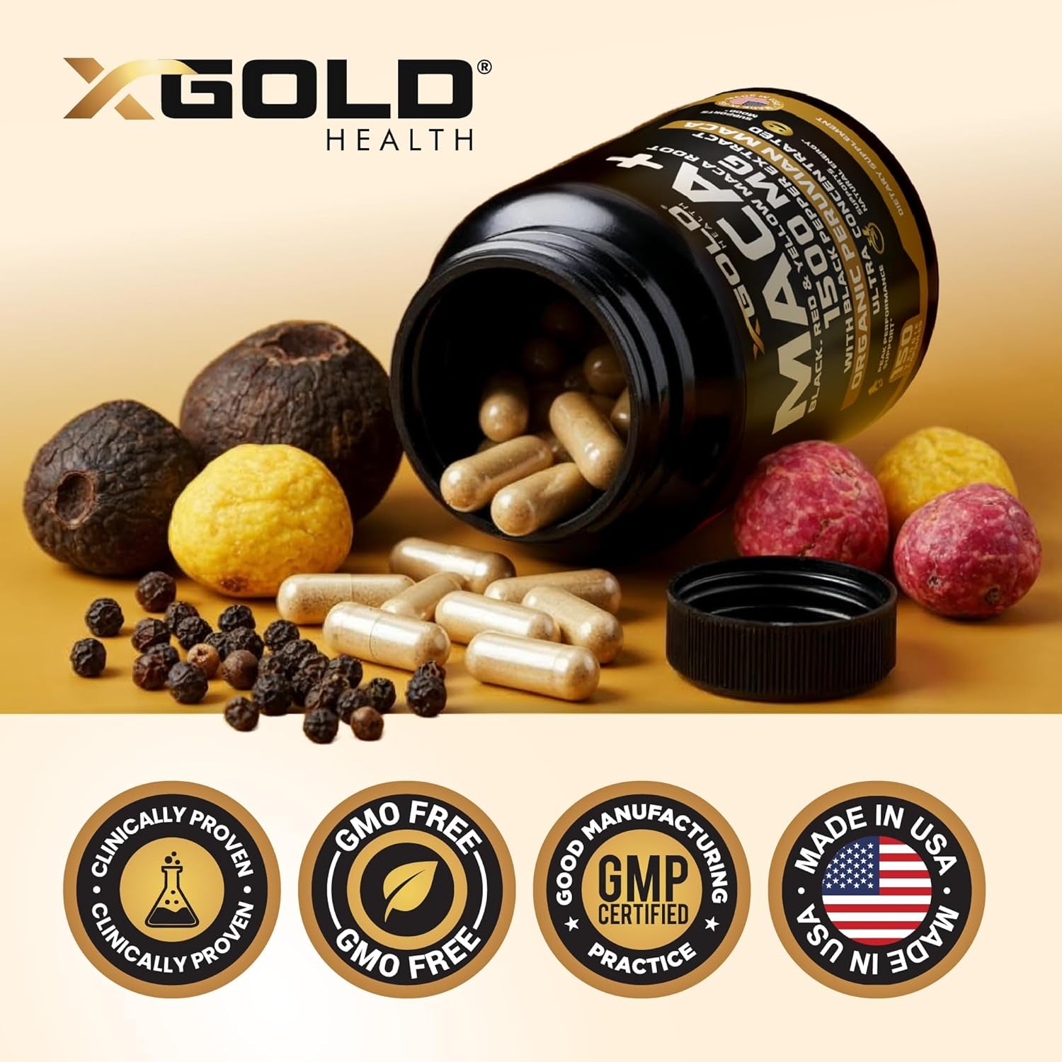 X Gold Health Organic Maca Root Powder Capsules 1500Mg with Black | Red & Yellow Peruvian Maca Root Extract Gelatinized, Energy & Mood Supplement for Men & Women + Black Pepper for Best Benefits