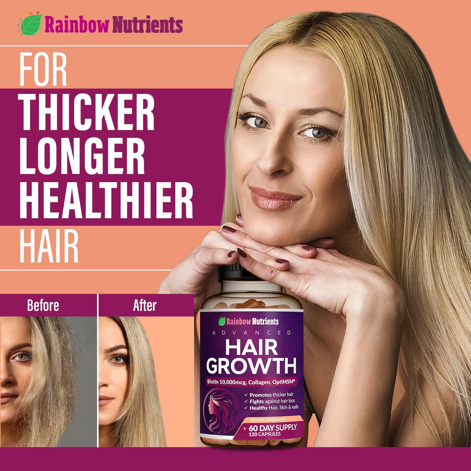 Rainbow Nutrients Hair Growth Supplement – 120 Capsules | Biotin, Collagen & OptiMSM for Healthy Hair, Skin & Nails