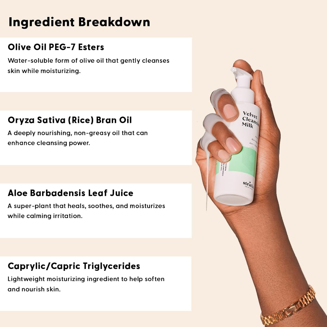 Velvet Cleansing Milk - Gentle Cream Face Cleanser, Moisturizing & Non-Foaming with Chamomile, Olive Oil & Aloe Vera, 8 Fl Oz