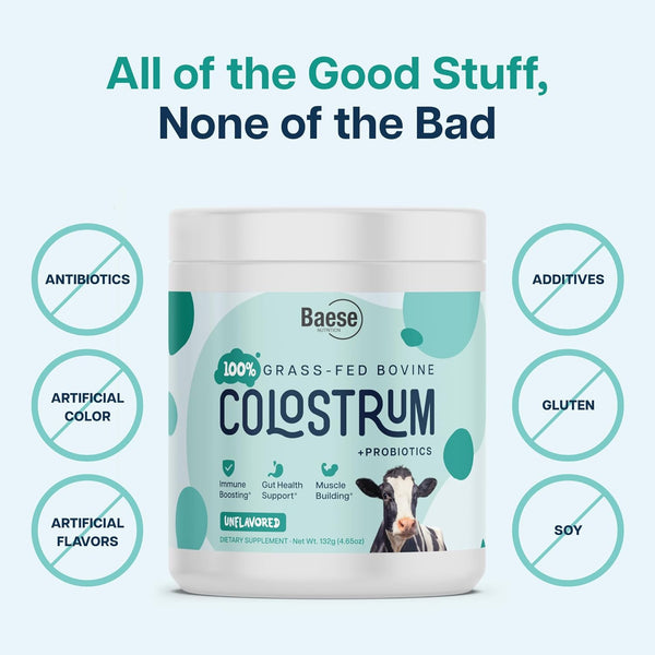 Baese Nutrition 100% Grass-Fed Bovine Colostrum + Probiotics Powder Supplement – 132g | Immune & Gut Support for Adults & Kids