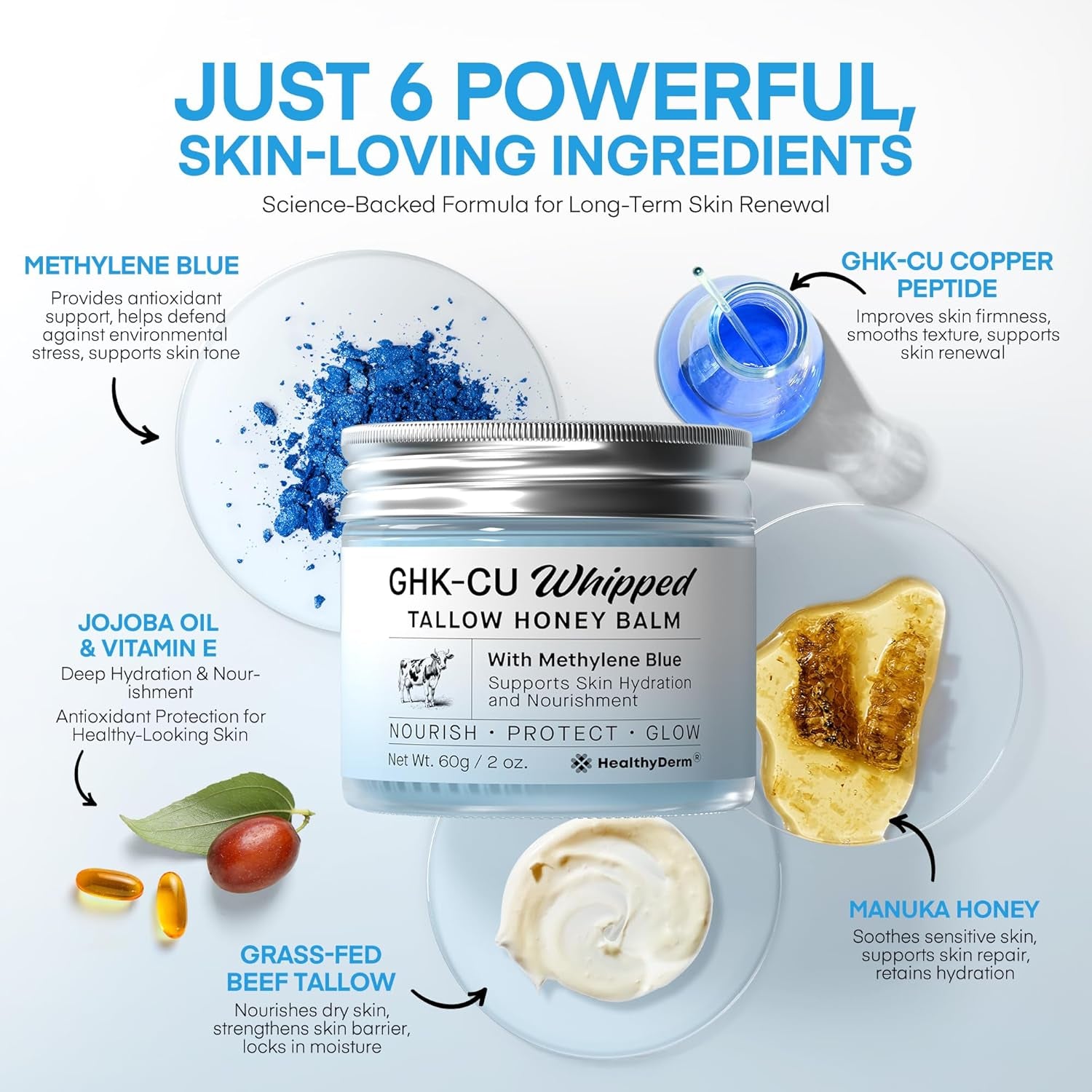 HealthyDerm GHK-CU Whipped Tallow Honey Balm with Methylene Blue – 60g | Repair Skin, Boost Collagen & Antioxidant Protection