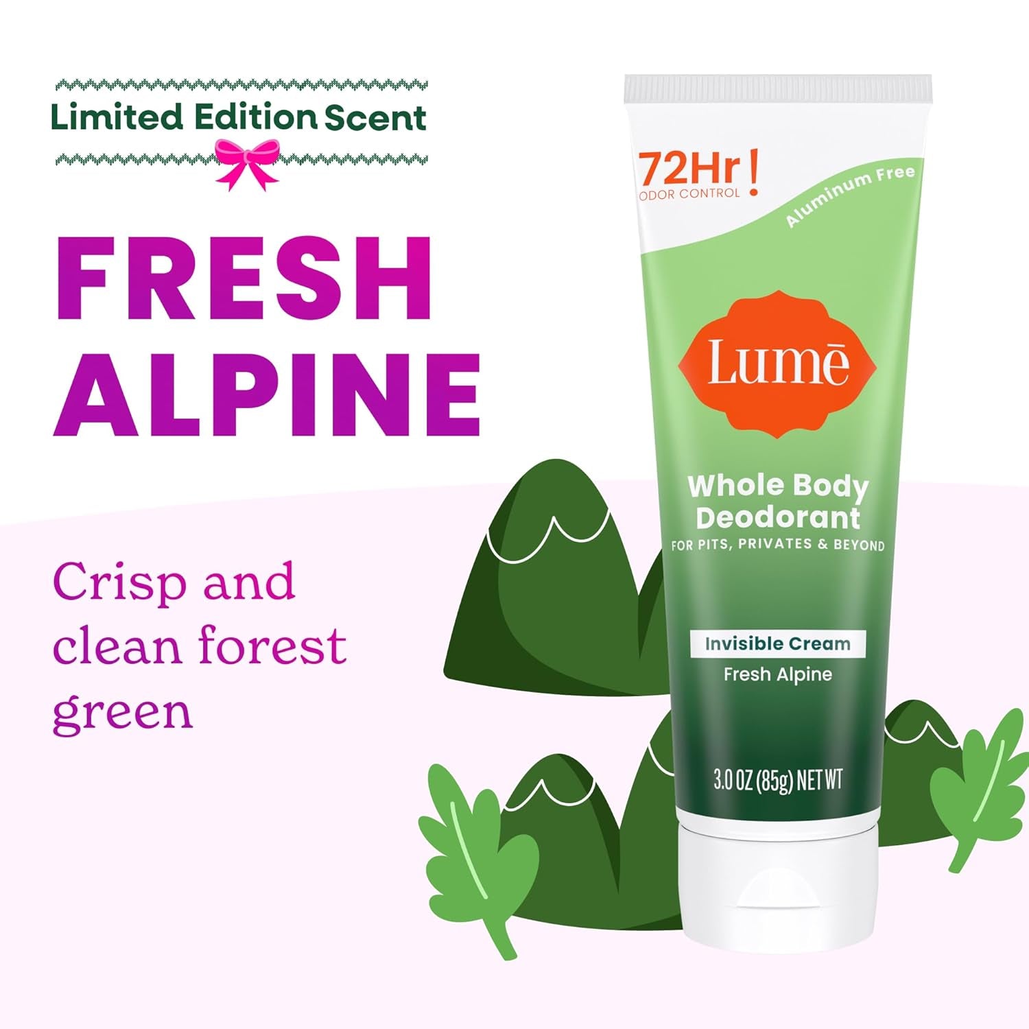 Lume Whole Body Deodorant - Invisible Cream (Fresh Alpine) - 85g  (Pack of 2) 