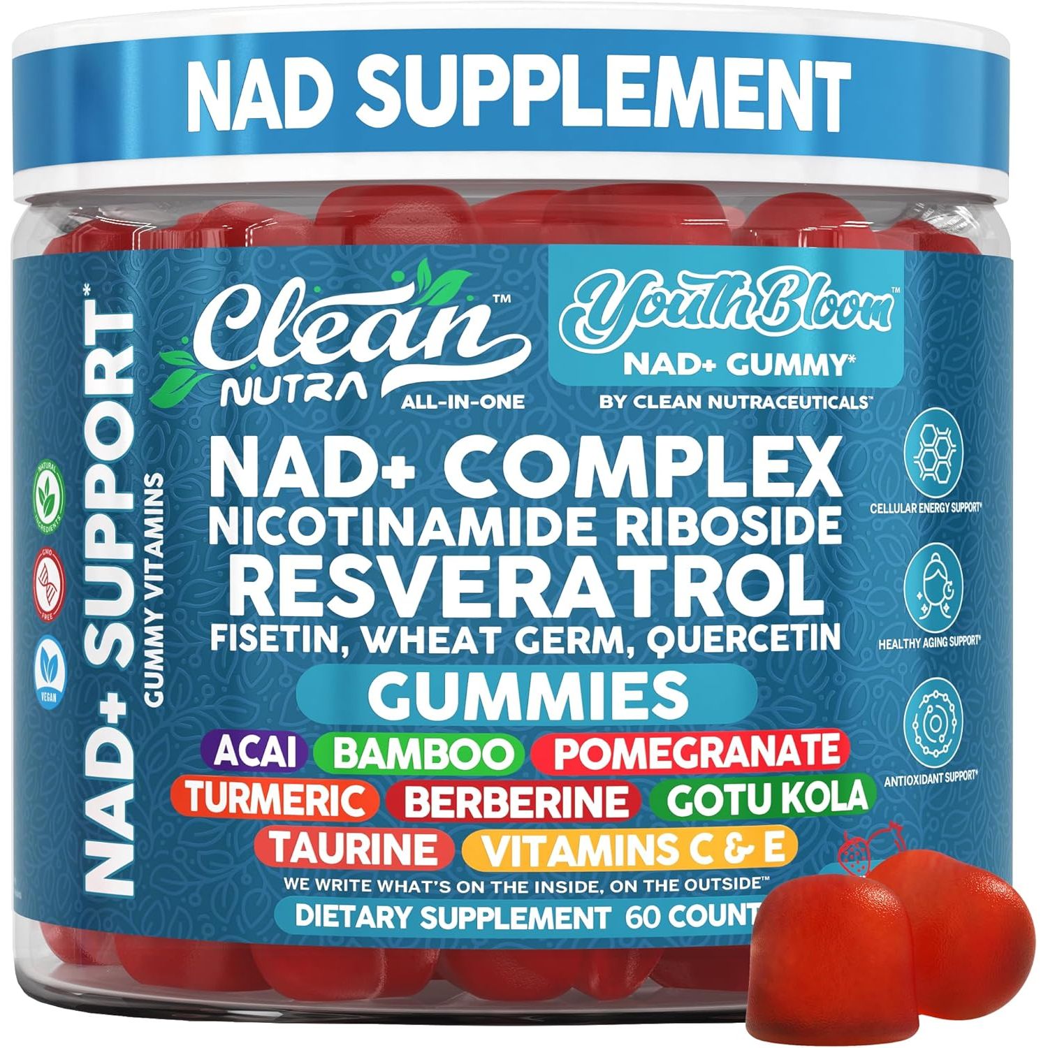 Youth Bloom NAD+ Supplement Gummies Resveratrol Fisetin Wheat Germ Berberine Taurine Turmeric Collagen Astaxanthin Nicotinamide Gotu Kola Pomegranate Vitamin C & E 60 Ct by Clean Nutra