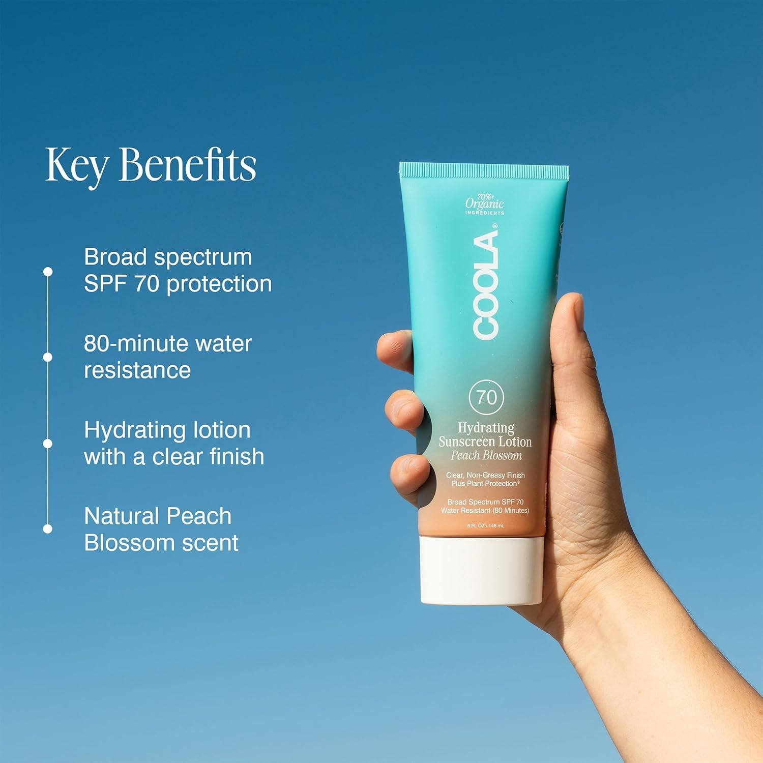 COOLA Hydrating Sunscreen Lotion SPF 70 Peach Blossom – 148ml | Ultra-High SPF, Lightweight Organic Protection