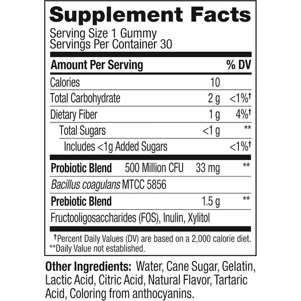 Probiotic + Prebiotic Gummy, Digestive Support and Gut Health, 500 Million Cfus, Fiber, Adult Chewable Supplement for Men and Women, Peach, 30 Day Supply - 30 Count