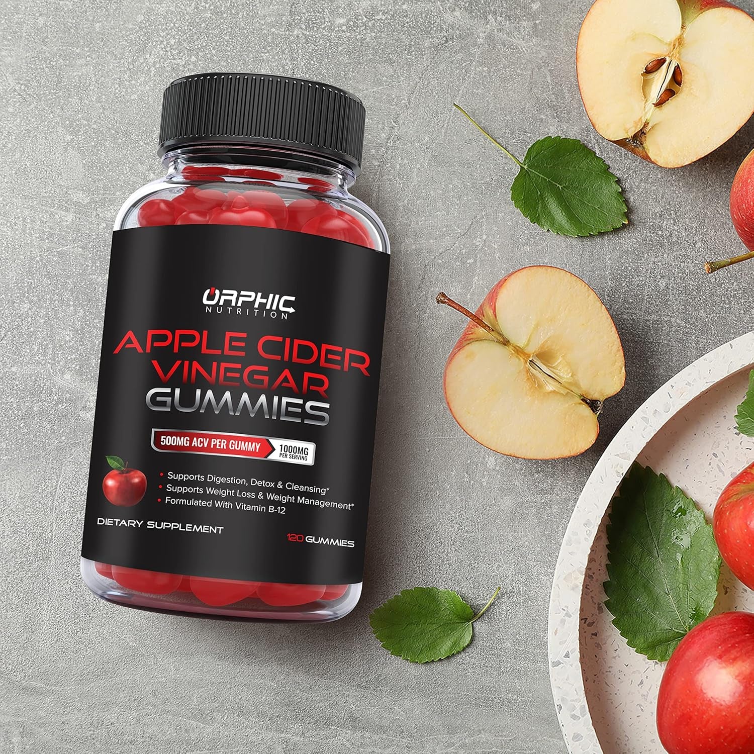 ORPHIC NUTRITION Apple Cider Vinegar Gummies – 120 Gummies | 1000mg ACV with Vitamin B12 for Digestion, Energy & Weight Support