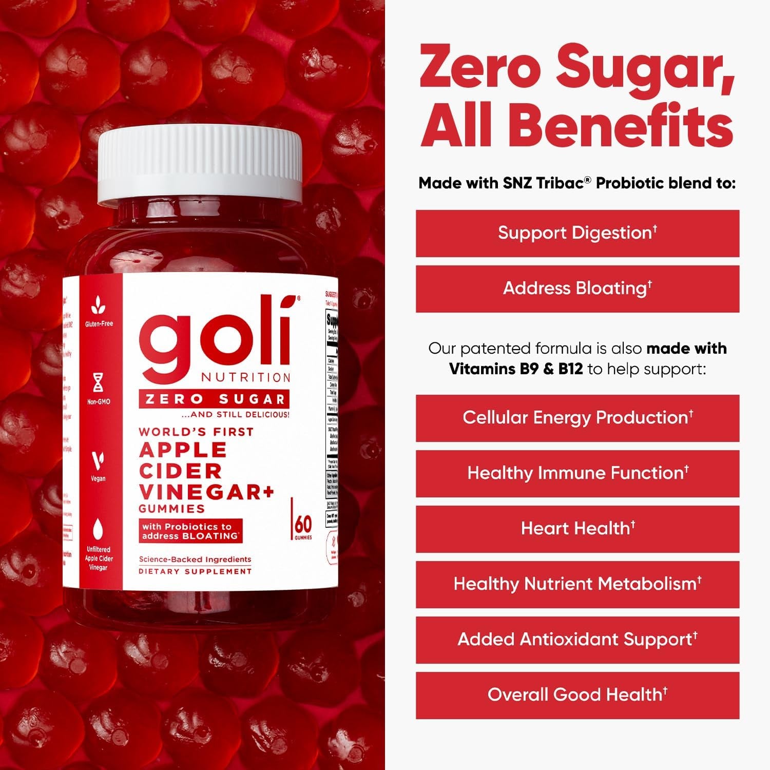 Goli Zero Sugar Apple Cider Vinegar Gummies – 60 Gummies | Gut Health, Bloating Relief & Energy Support