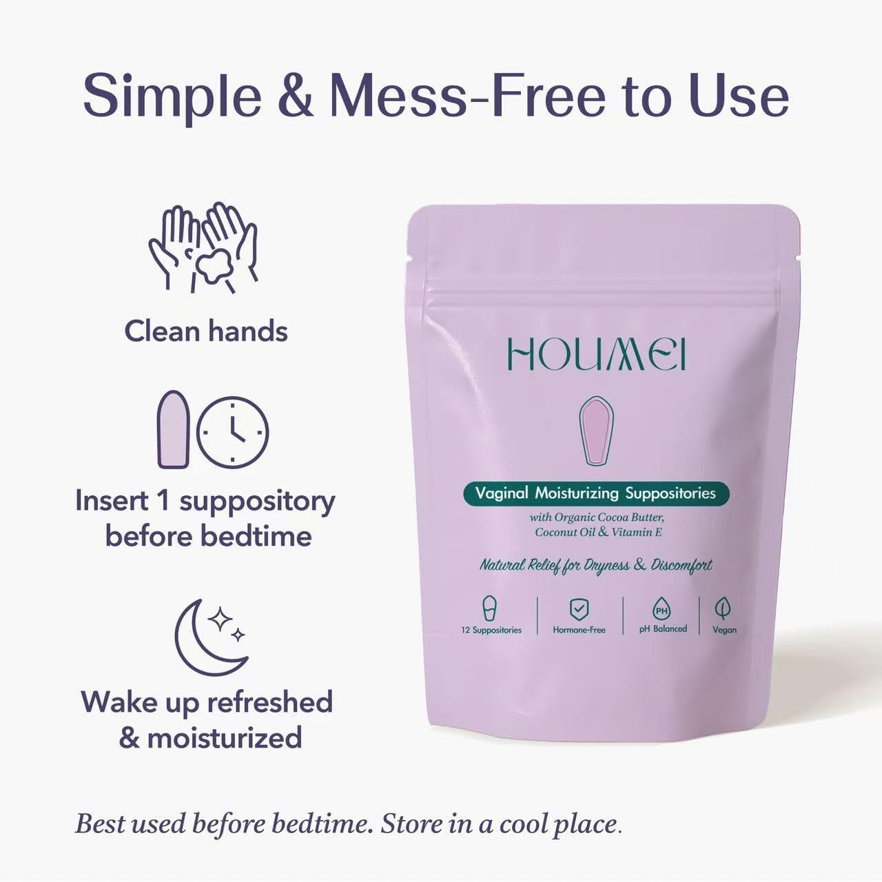 Houmei Vaginal Suppositories with Vitamin E and Hyaluronic Acid, Organic Feminine Moisturizer for Dryness & Discomfort Relief, Ph-Balanced Natural Feminine Care, 12 Counts