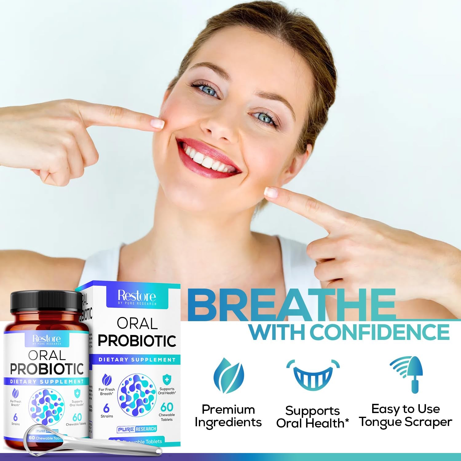 Pure Research RESTORE Oral Probiotic – 60 Chewable Tablets | Mint Flavour | Fresh Breath, Gum & Dental Health Support