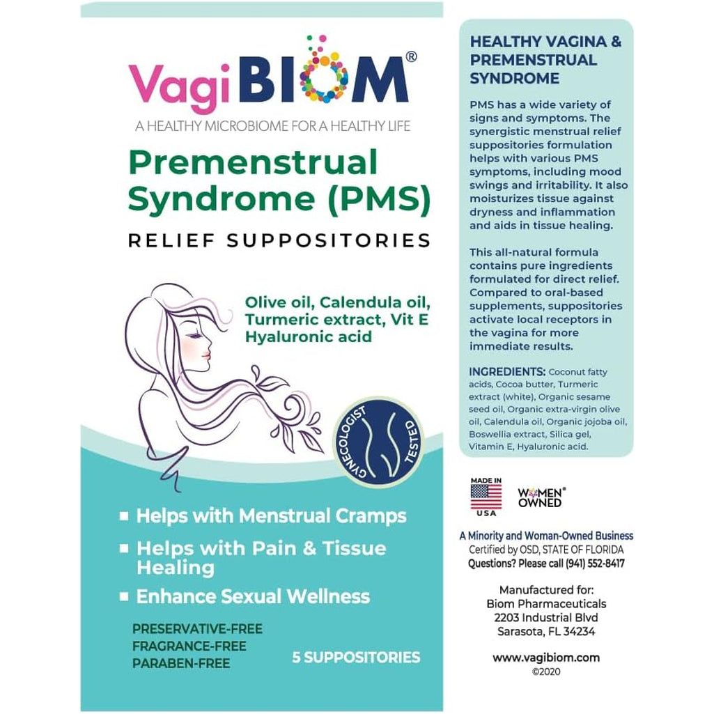 VagiBiom Premenstrual Syndrome (PMS) Relief Suppositories - 5 Suppositories | Natural Relief for Menstrual Discomfort