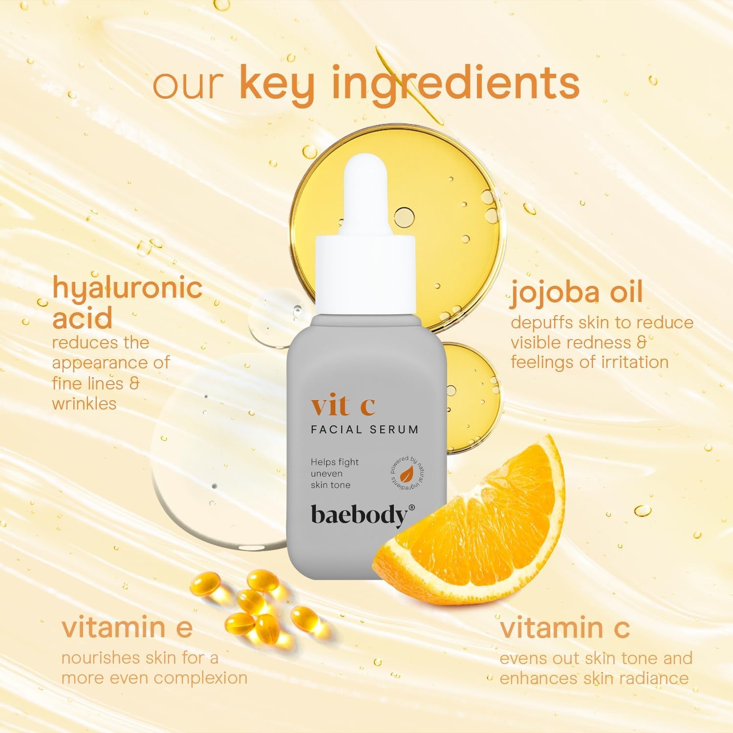 Baebody Vitamin C Face Serum – 30ml | Brightening Serum for Dark Spots & Dull Skin | Hyaluronic Acid + Antioxidants | Made in USA