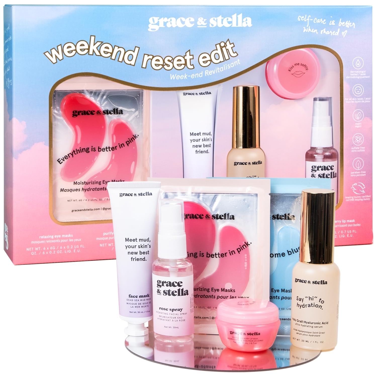 grace & stella Weekend Reset Edit – 5-Piece Gift Set | Award-Winning Vegan Skincare for Hydration & Glow