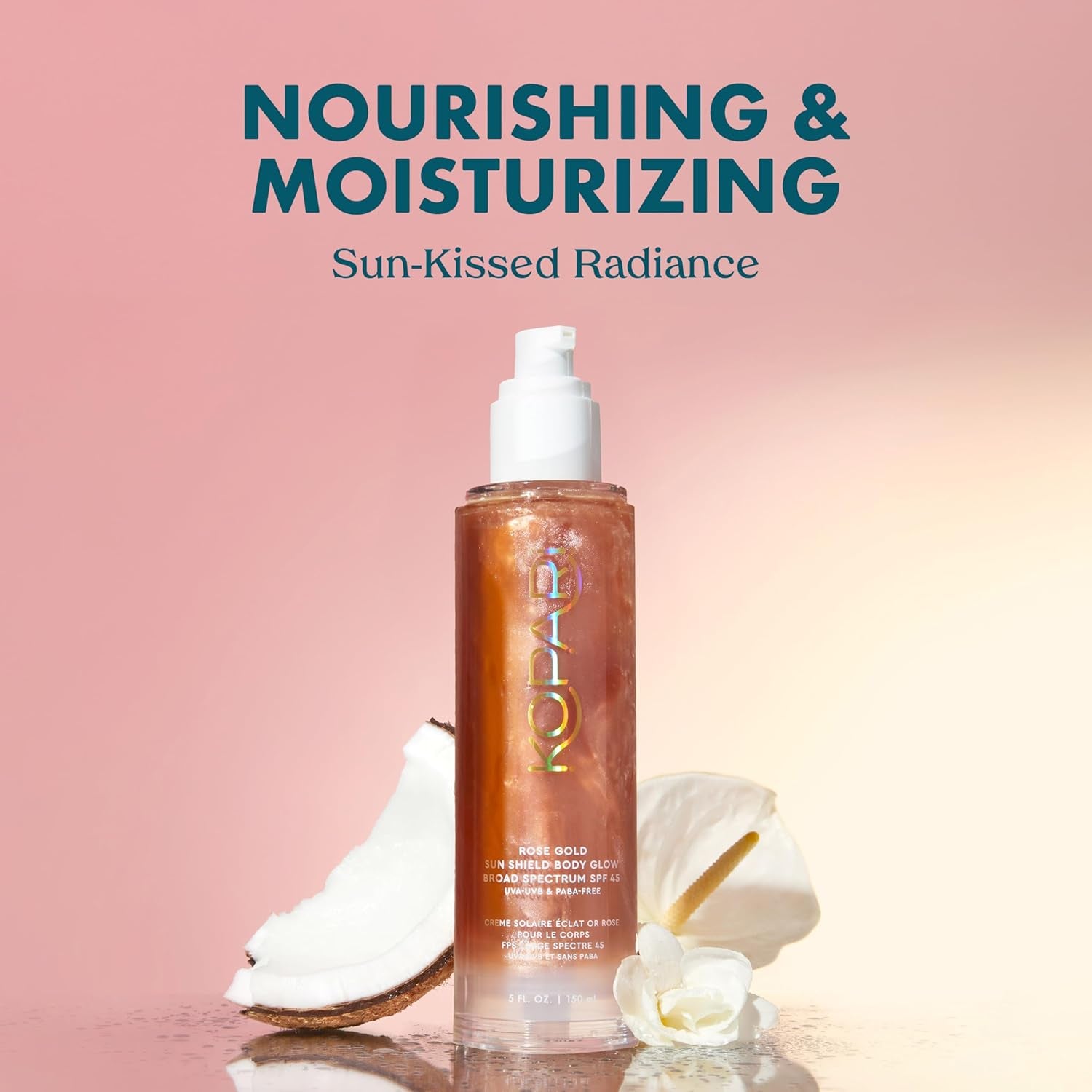 Sun Shield Body Glow, Broad Spectrum SPF 45, Lightweight Shimmering Gel Texture Absorbs Quickly, Non Sticky, Glowing Results, Rose Gold 5 Oz