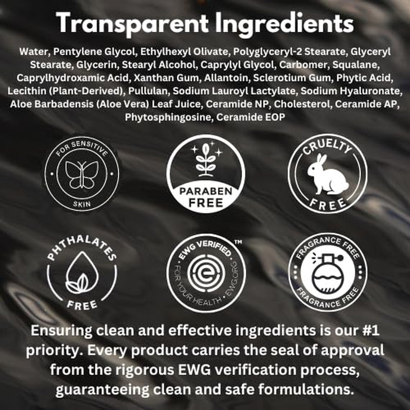 Face Moisturizer - EWG Verified, Unscented, Non-Greasy Hydration with Squalane, Aloe Vera, Ceramides & Hyaluronic Acid - 1.7 Fl Oz