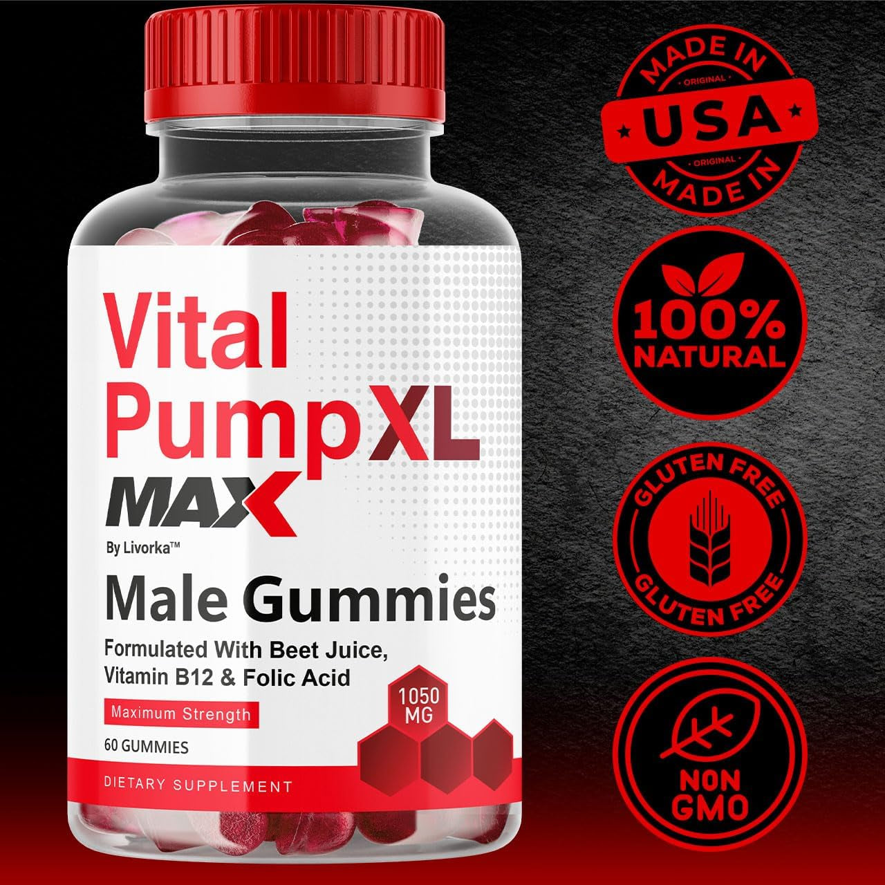 LIVORKA Vital Pump XL Max Male Gummies – 60 Gummies | Daily Energy, Vitality & Performance Support for Men – 1050mg Formula