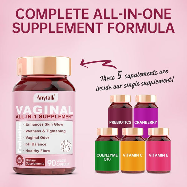 ANYTALK Vaginal All-In-1 Supplement – 90 Capsules | Probiotic Support for Odour Control & pH Balance