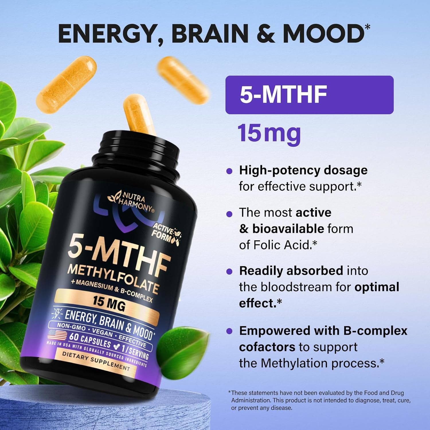NUTRAHARMONY 5-MTHF Methylfolate Supplement – 60 Capsules | High-Potency Active B9 with B2, B6, B12 & Magnesium