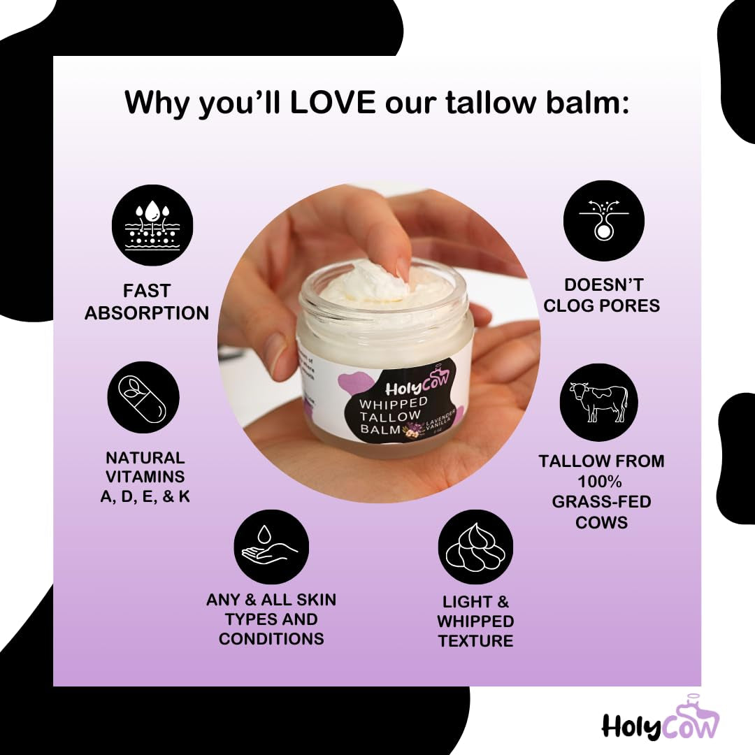 HolyCow Whipped Tallow Balm – 56.7g | Lavender Vanilla Scent | Nourishing Ancestral Skincare for Face & Body