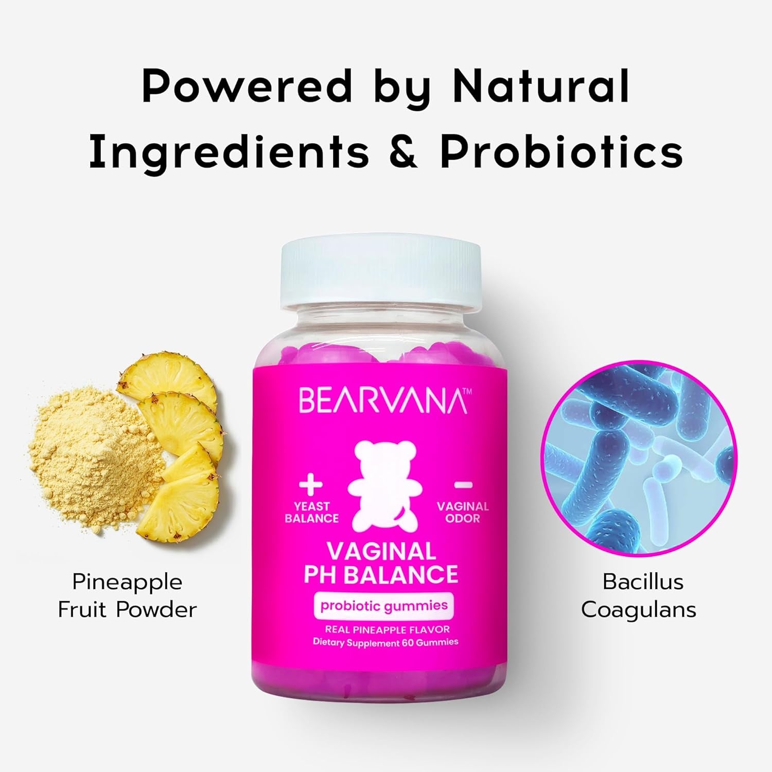 BEARVANA Vaginal pH Balance Probiotic Gummies – Pineapple Flavor, 60 Vegan Gummies | Feminine Freshness, Gut & Immune Support