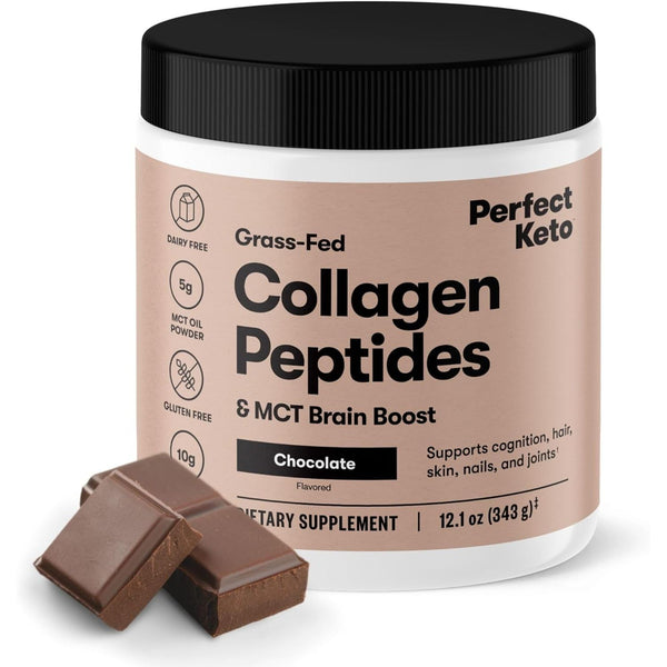 Perfect Keto Grass-Fed Collagen Peptides & MCT Brain Boost – 343g | Chocolate Flavored Keto Protein Powder