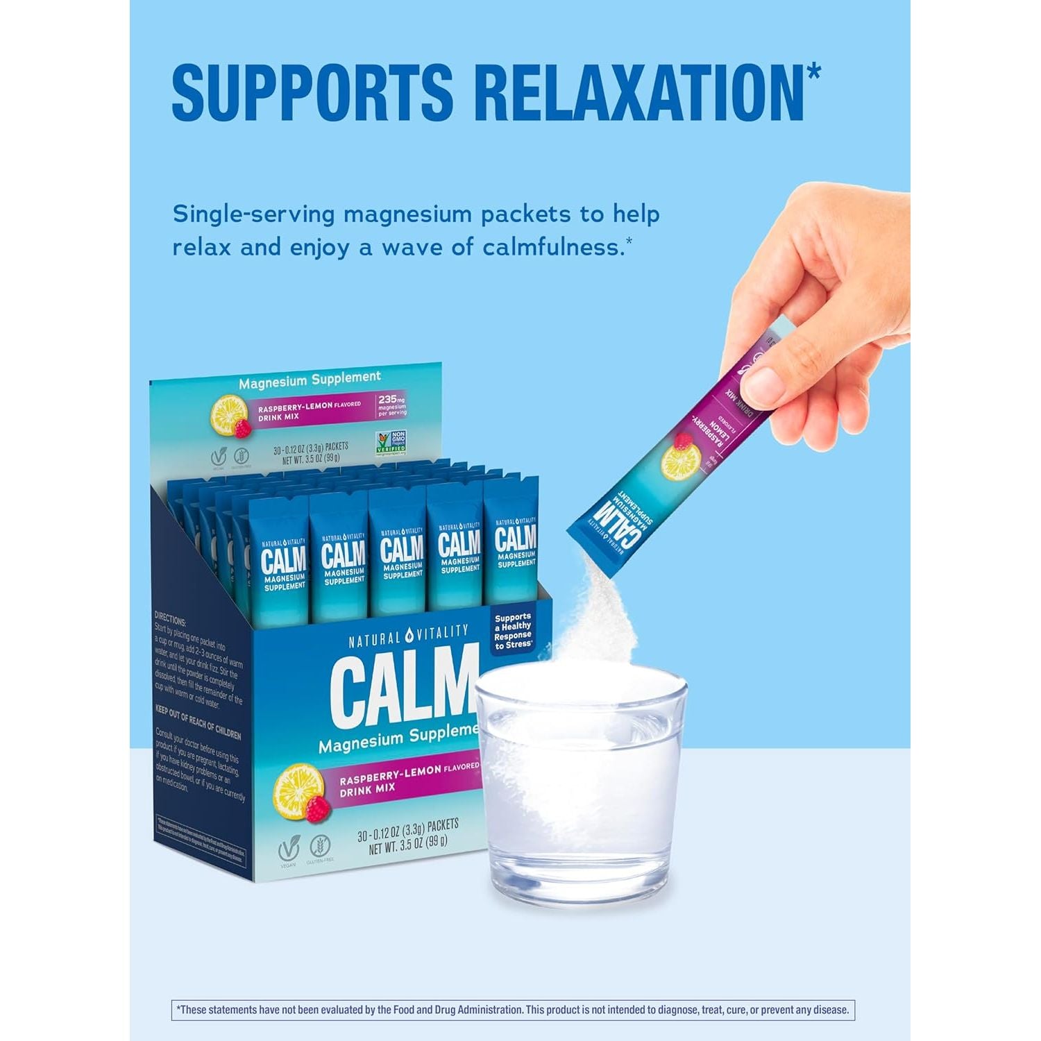 Natural Vitality Calm Relaxing Magnesium Citrate Drink Mix – 30 Stick Packets | Ease Stress, Support Sleep & Promote Calm