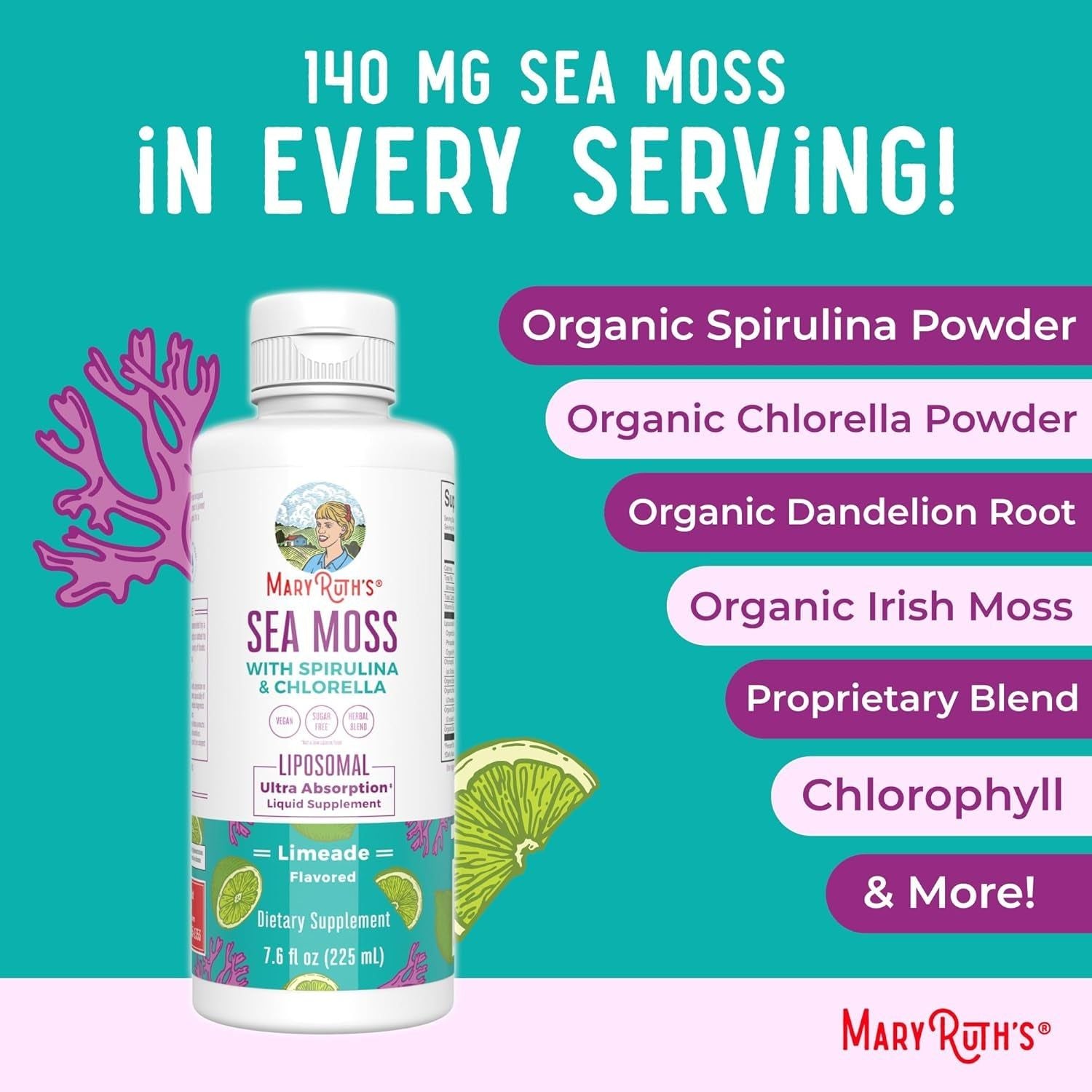 MaryRuth Organics Sea Moss with Spirulina & Chlorella – 225ml | Ultra-Absorbent Liquid Superfood