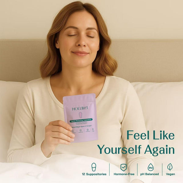 Houmei Vaginal Suppositories with Vitamin E and Hyaluronic Acid, Organic Feminine Moisturizer for Dryness & Discomfort Relief, Ph-Balanced Natural Feminine Care, 12 Counts