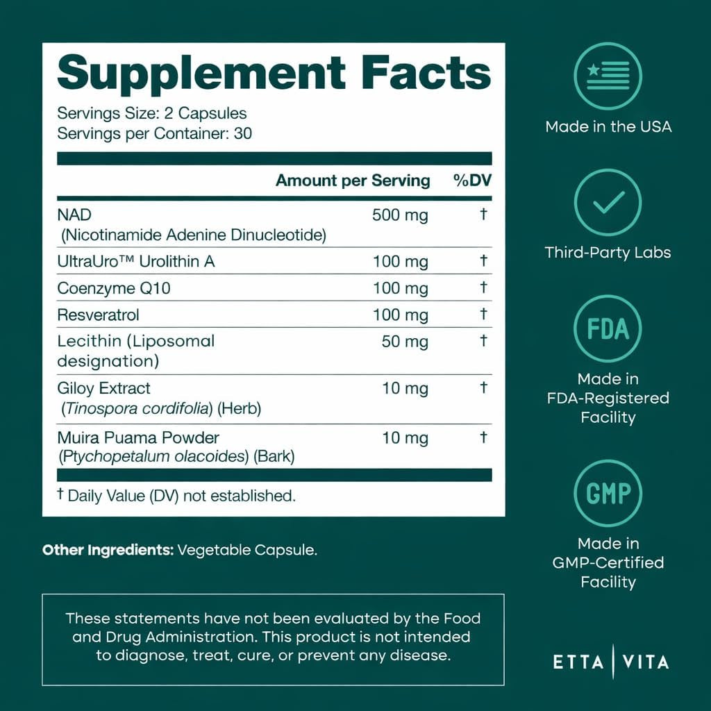 Muira Puama Liposomal NAD+ Supplement - Resveratrol, Urolithin A, Coq10 (Made in USA) NAD Supplement for Natural Energy, Brain Fog, Digestion, Detox, Gut Health, Microbiome, NR NMN Replacement