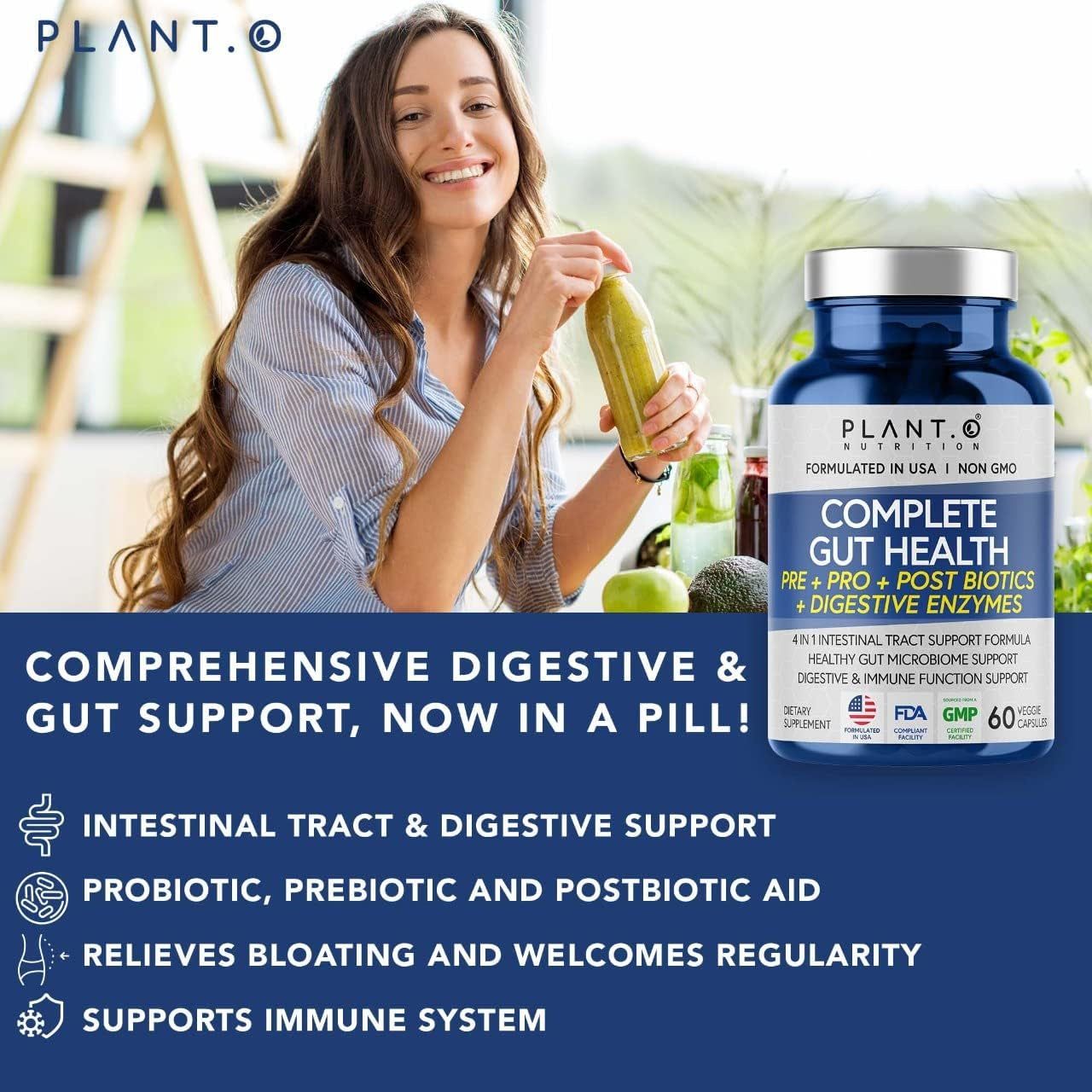 PLANT.O NUTRITION Complete Gut Health – 60 Capsules | 4-in-1 Digestive & Gut Support