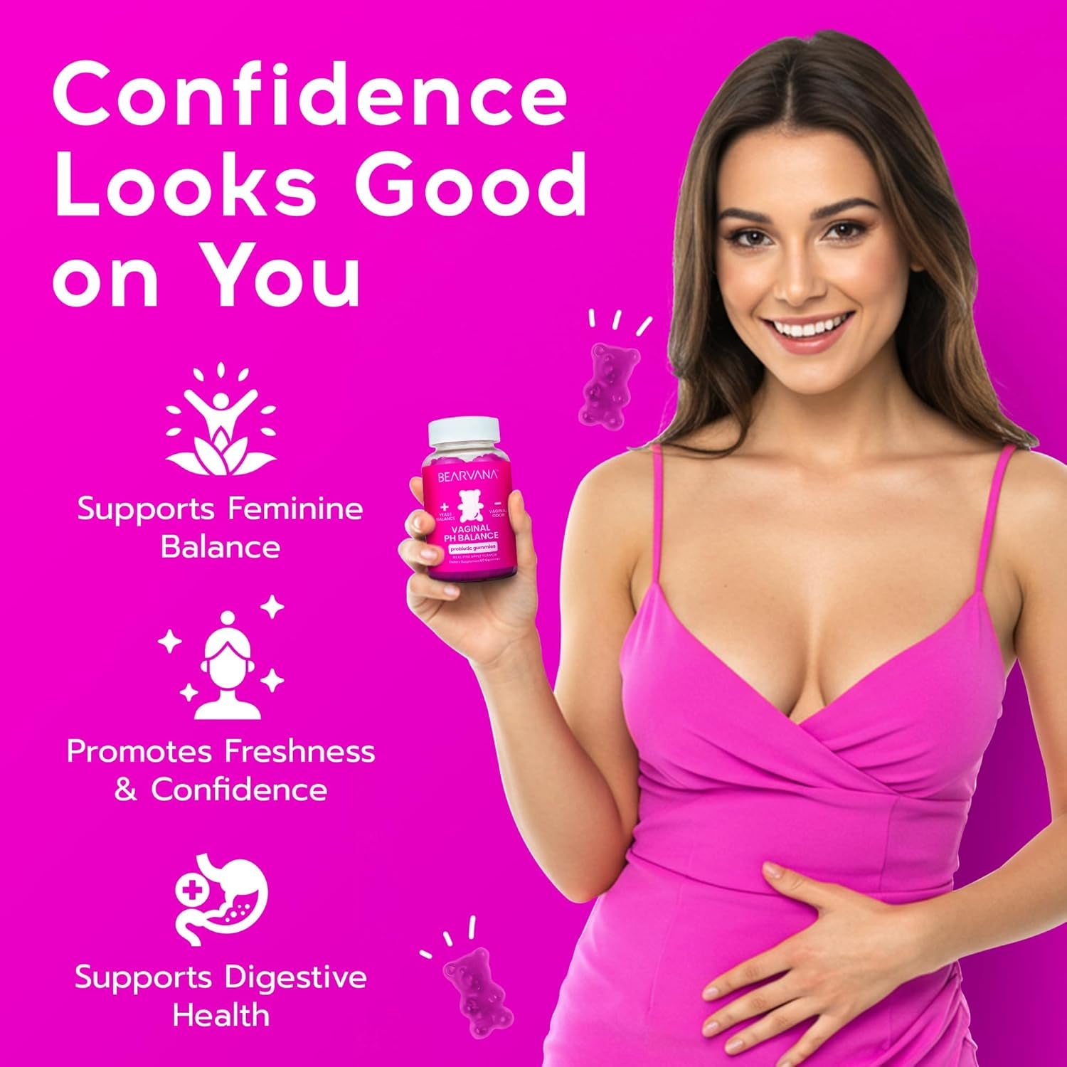BEARVANA Vaginal pH Balance Probiotic Gummies – Pineapple Flavor, 60 Vegan Gummies | Feminine Freshness, Gut & Immune Support