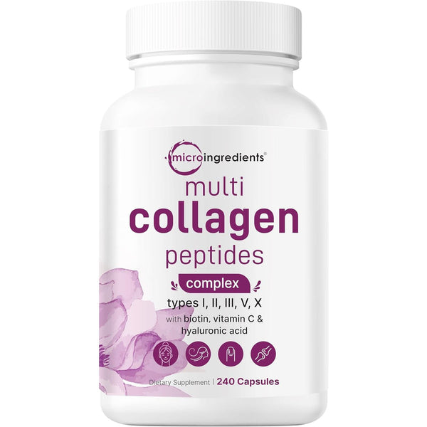 Micro Ingredients Multi-Collagen Peptides Complex – 240 Capsules | 5 Types of Collagen + Hyaluronic Acid & Biotin
