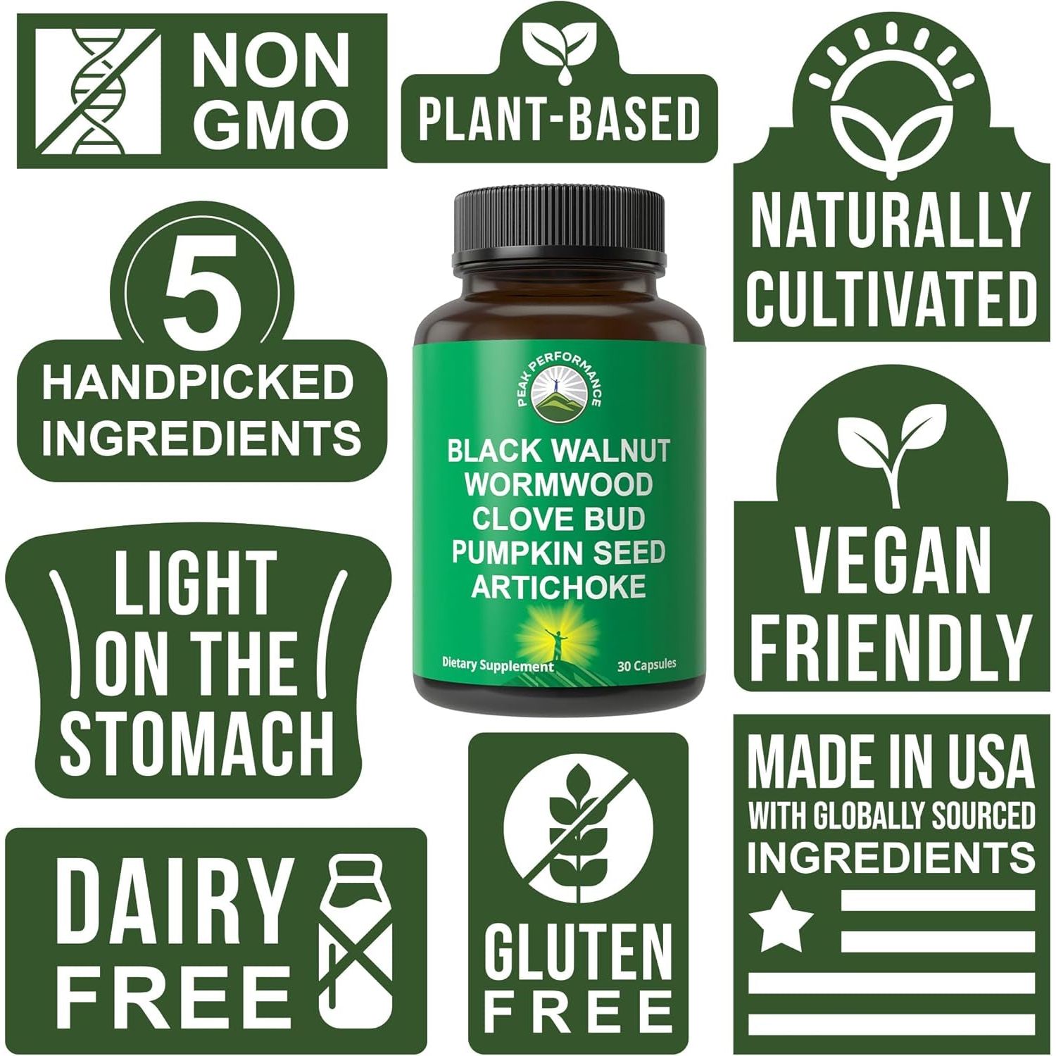 Peak Performance Black Walnut, Wormwood, Clove Bud & Pumpkin Seed Cleanse – 30 Capsules | Herbal Detox & Digestive Support