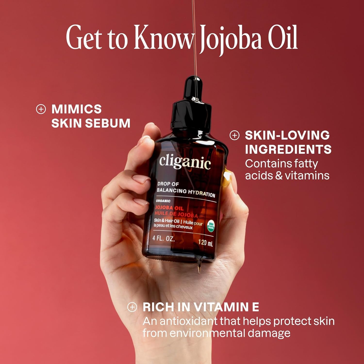 Cliganic Organic Jojoba Oil – 120ml | 100% Pure Cold-Pressed Moisturizer for Face, Hair & Body