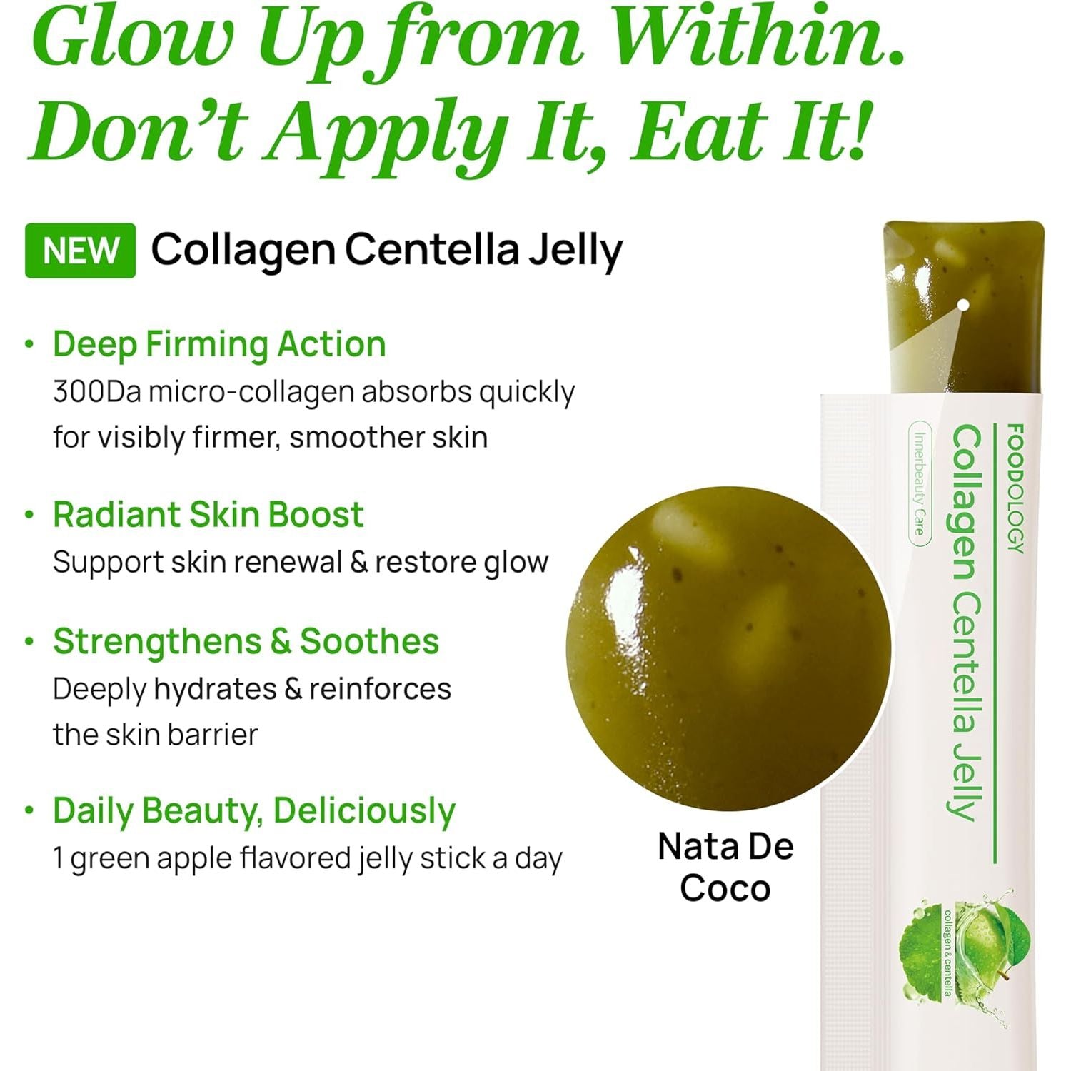 Collagen Centella Jelly – Collagen Peptide with PDRN & Centella Asiatica – Biotin, Vitamin a & E for Skin Glow, Hair & Nails – Korean Beauty Supplement (10 Counts, Green Apple)