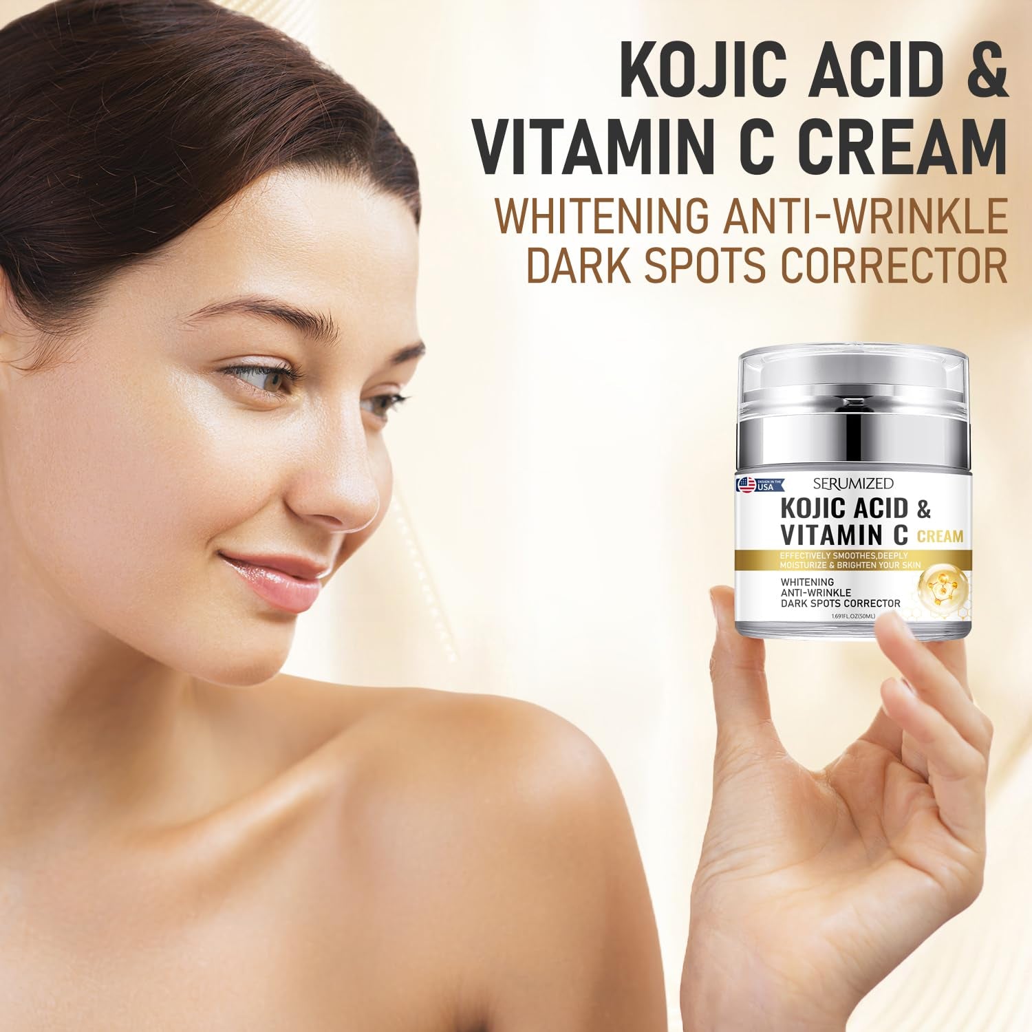 Serumized Kojic Acid & Vitamin C Brightening Cream – 50ml | Fade Dark Spots, Smooth Skin Texture & Boost Radiance