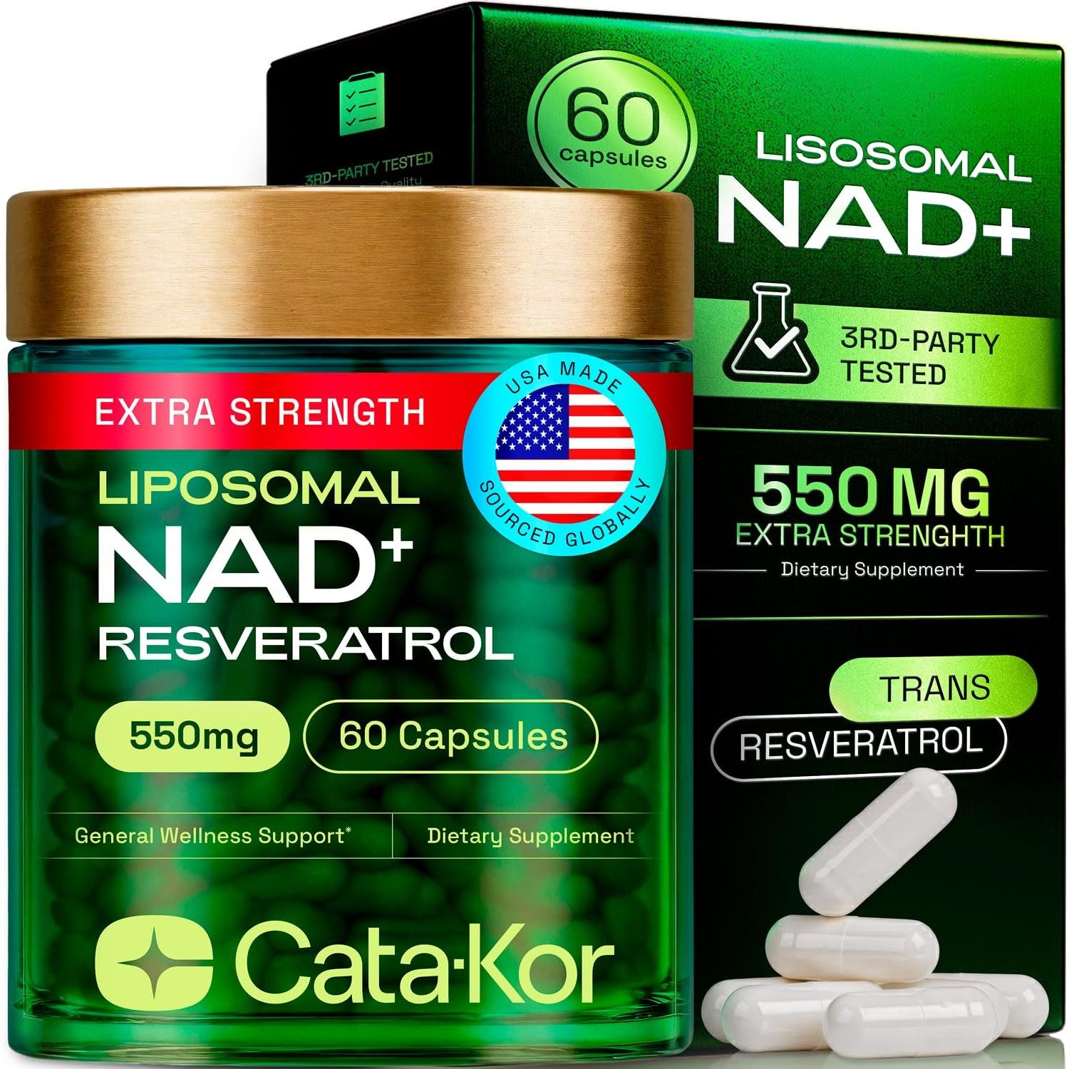 Cata-Kor NAD+ Advanced NMNH Alternative – 60 Capsules | Liposomal NAD+ & Resveratrol for Healthy Aging & Energy