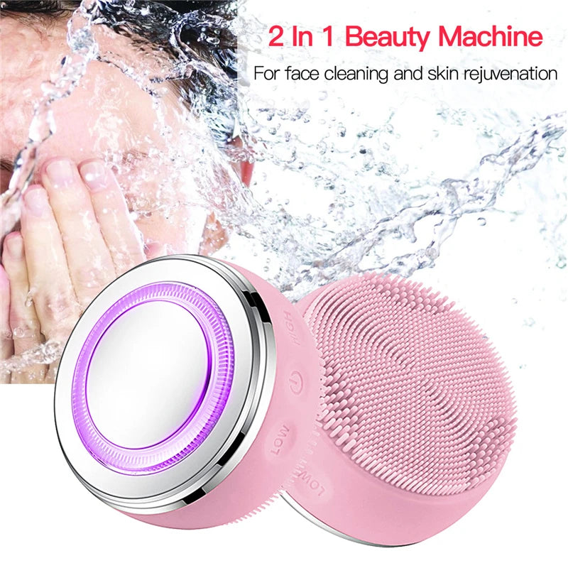 2-in-1 LED Heating Facial Cleansing & Massage Brush – Silicone Sonic Face Cleaner for Deep Pore Cleansing & Skin Rejuvenation