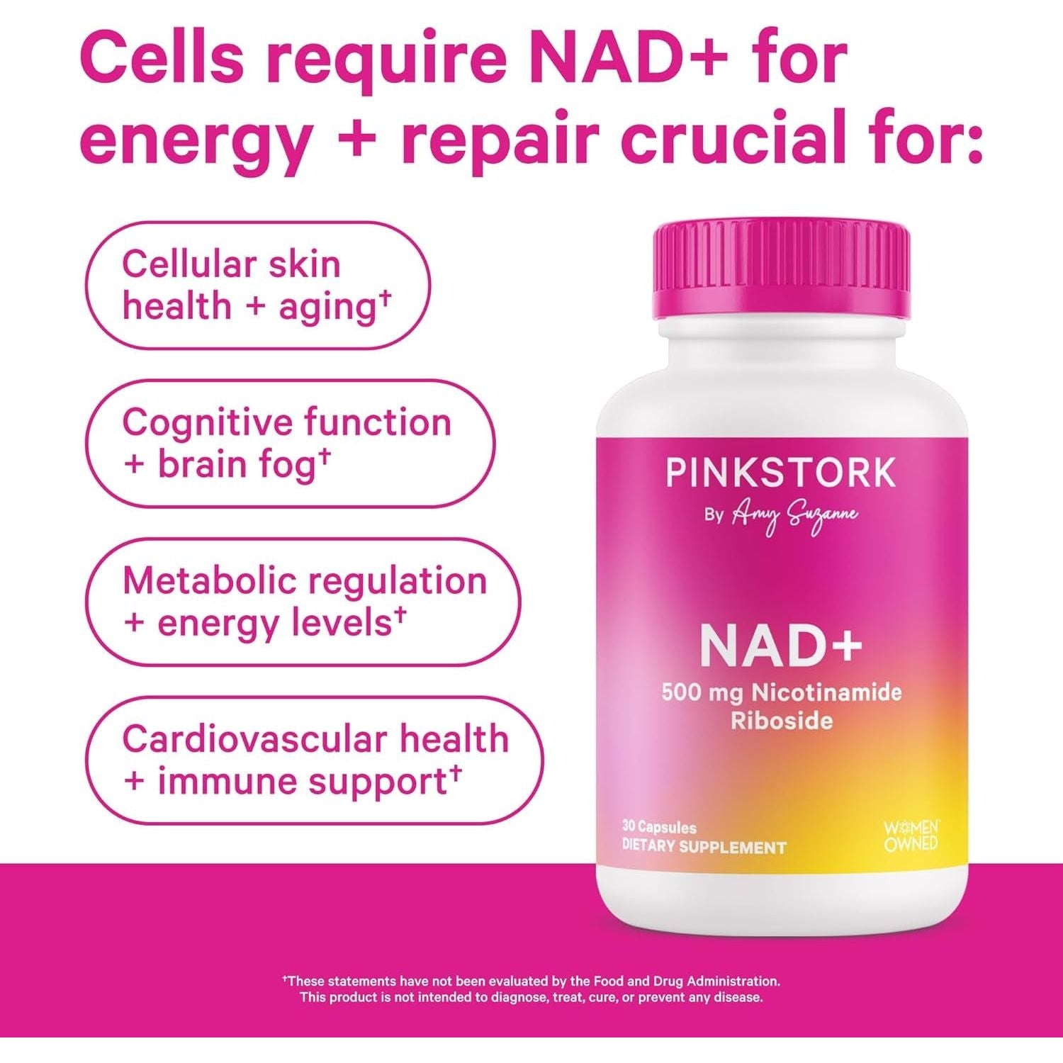Pink Stork NAD+ 500mg Nicotinamide Riboside – 30 Capsules | Cellular Energy, Healthy Aging & Cognitive Support for Women