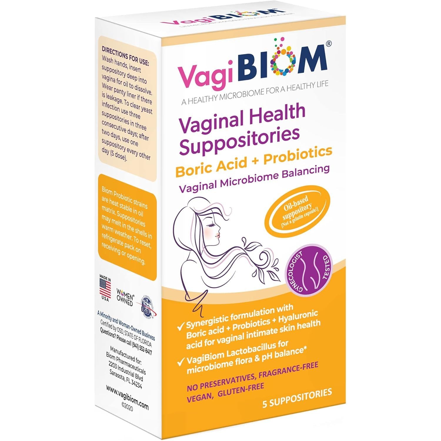 VagiBiom Vaginal Health Suppositories with Boric Acid + Probiotics – 5 Suppositories | Feminine Health & pH Balance