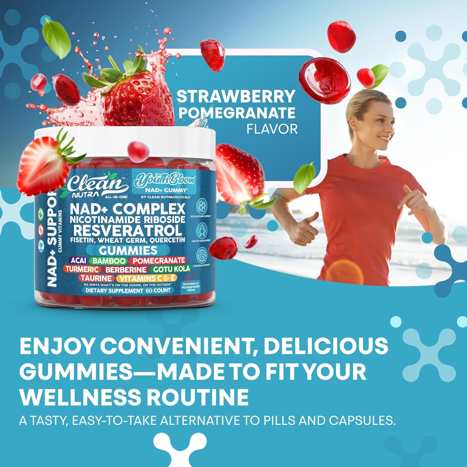 Youth Bloom NAD+ Supplement Gummies Resveratrol Fisetin Wheat Germ Berberine Taurine Turmeric Collagen Astaxanthin Nicotinamide Gotu Kola Pomegranate Vitamin C & E 60 Ct by Clean Nutra