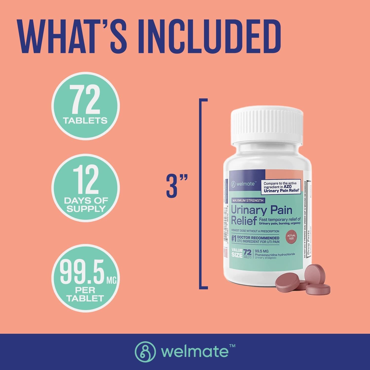 WELMATE Urinary Pain Relief – 72 Tablets | Fast-Acting UTI Symptom Relief